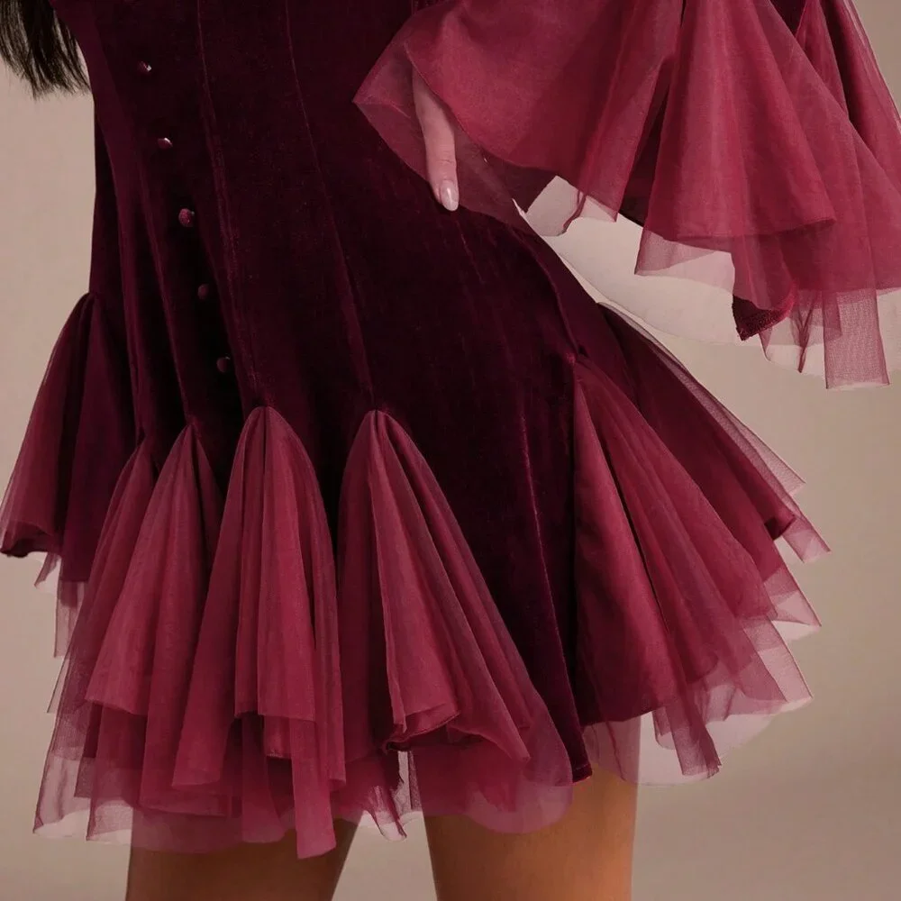 Burgundy Elegant Women's V-Neck Mini Dress - Picture 3 of 7